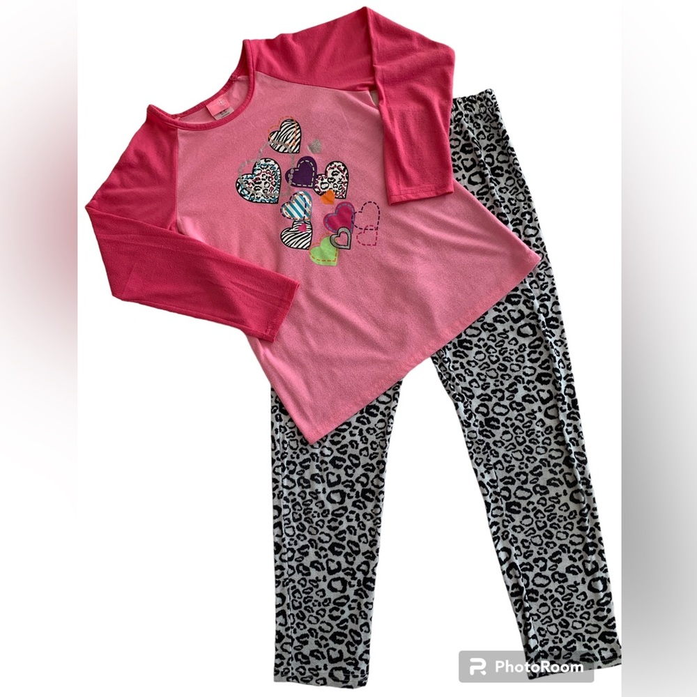J. Khaki Pajamas Set Girls L (10-12) Top Pants Pink Black Hearts Long Sleeves